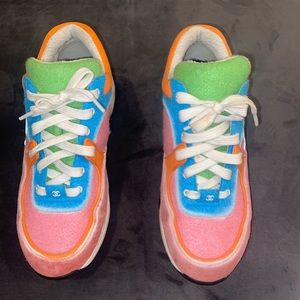Chanel Nylon Lambskin Suede Calfskin CC Sneakers 41 1/2 Pink Orange Blue